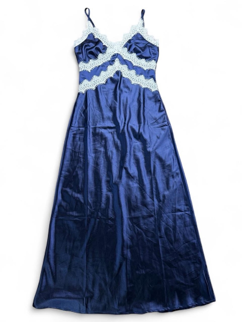 Thirty Thirty Navy Satin Lace Maxi Slip Dress Small